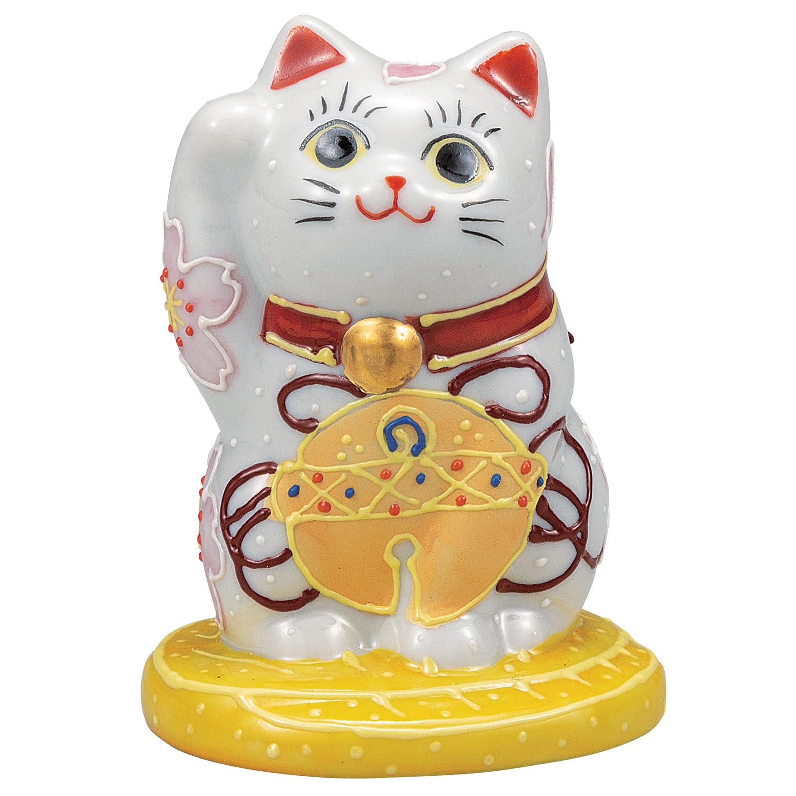 

Kutani ware symbolizing business prosperity and good with its right paw resting on a gold Size with a lucky bell Maneki-neko (beckoning cat) figurine, белый