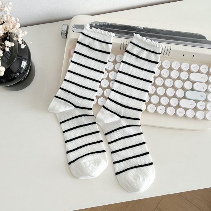 Women's Summer Socks with Mesh, Black Fungus Edges, Pile Socks, Lace Bows, Mid-calf Socks, Boneless Breathable Socks