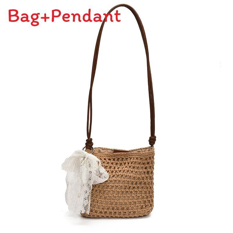 Simple Solid Color Woven Women Casual Shoulder Crossbody Bag With Pendant For Casual Beach Vacation And Daily Use