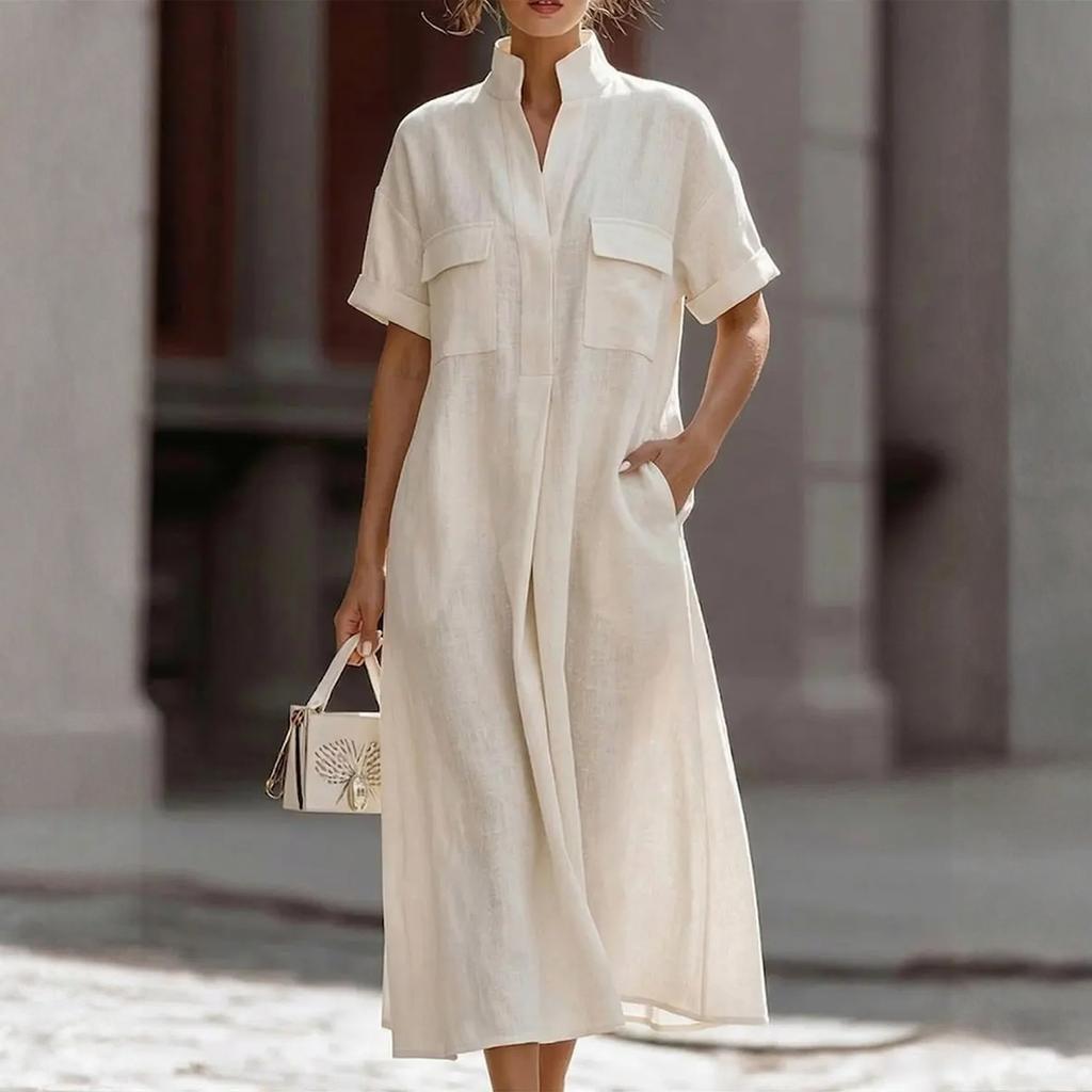 Women's Casual Short-Sleeved Multi-Colored Pocket Loose Casual Dress