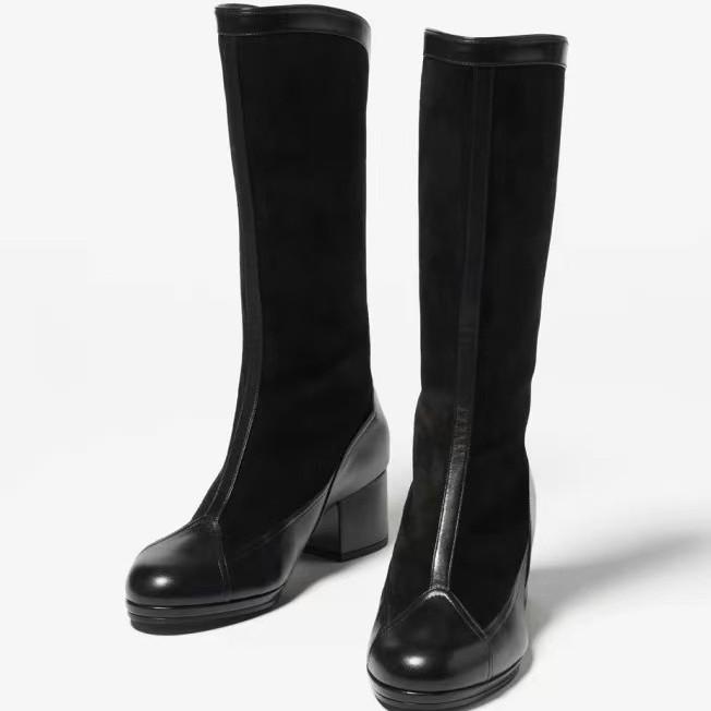 

New Autumn And Winter Women Low Heels Boots Luxury Designer Causal Dress Shoes Ladies Rear Zipper Color Blocked Banquet Boots 43