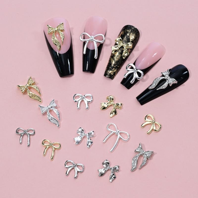 96/120Pcs 3D Gold Bow Butterfly Nail Metal Charms Shiny Bowtie/Diamond Star Diy Nail Decor Accessories Luxury Nail Art Supplies