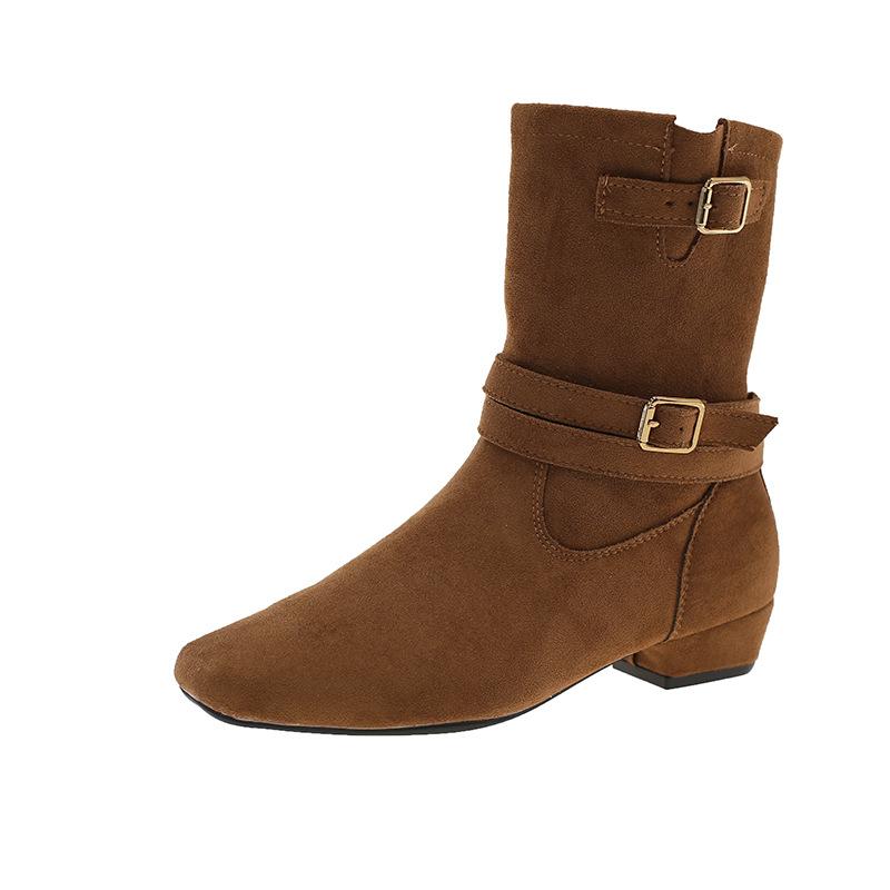 2025 niche fashion pleated belt buckle looks thin but knee slope heel boots retro western cowboy boots women