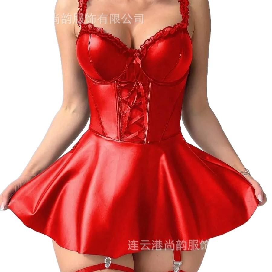 European and American women's dress party dance dress sexy nightdress set sexy suspender leather skirt