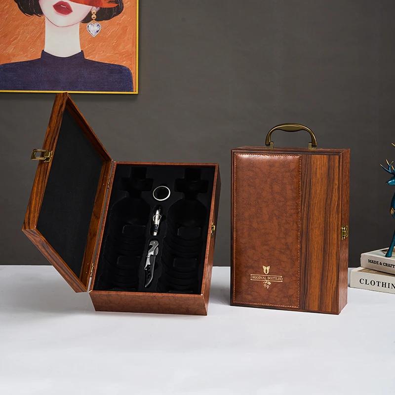 Single/Double Leather Box Wine Bottle Box Luxury Handle Wooden Organizer Gift Wood Wine Holder for 2 Red Wine Packaging