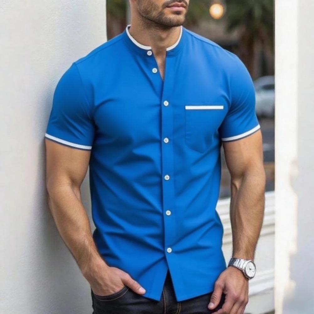 New Men Summer Short Sleeve Fashion Stand Collar Shirt Men Pure Color Casual Shirt