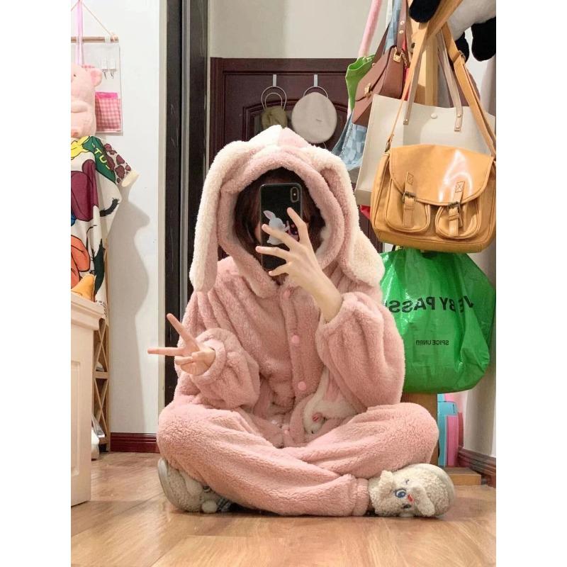 Rabbit Coral Fleece Pajama Women Autumn Winter Sleepwear Fleece Thick Cute Flannel Loungewear Set Round Hooded Homewear