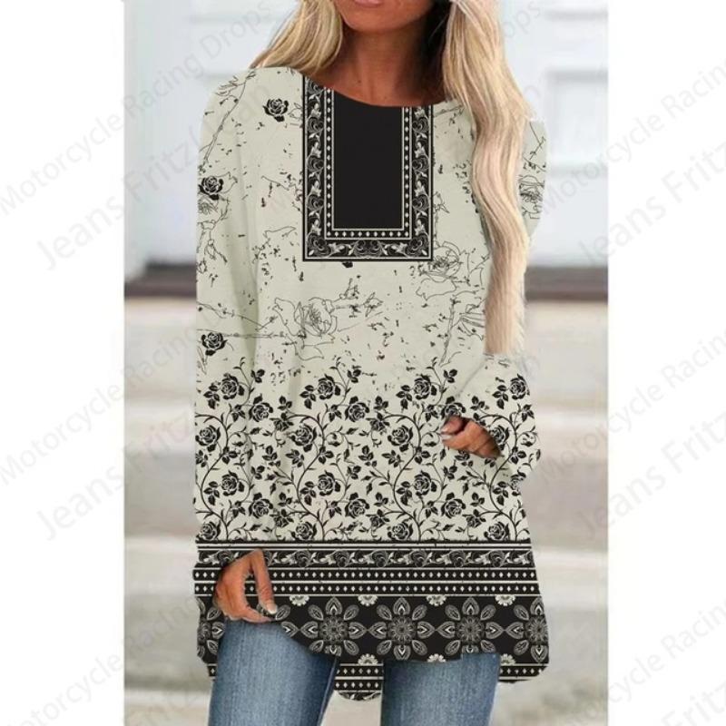 European Pattern 3d Print Women Fashion T-shirt Long Sleeve Tunic Top Casual Long Tops Floral Lady Clothes Y2K