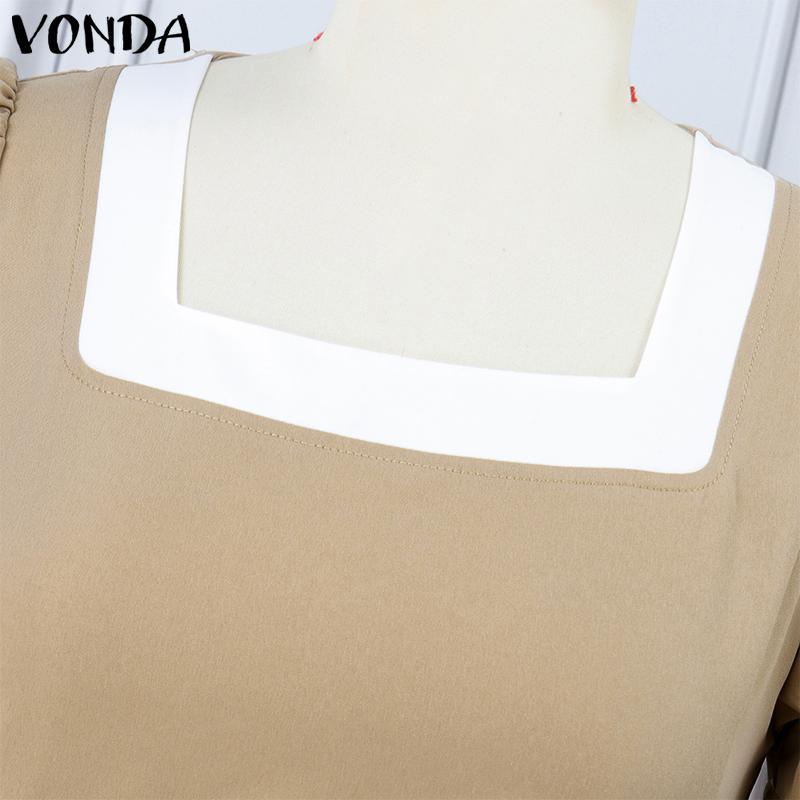 VONDA Women Square Collar Short Sleeve Stitching Pocket Casual Thigh Length Dress