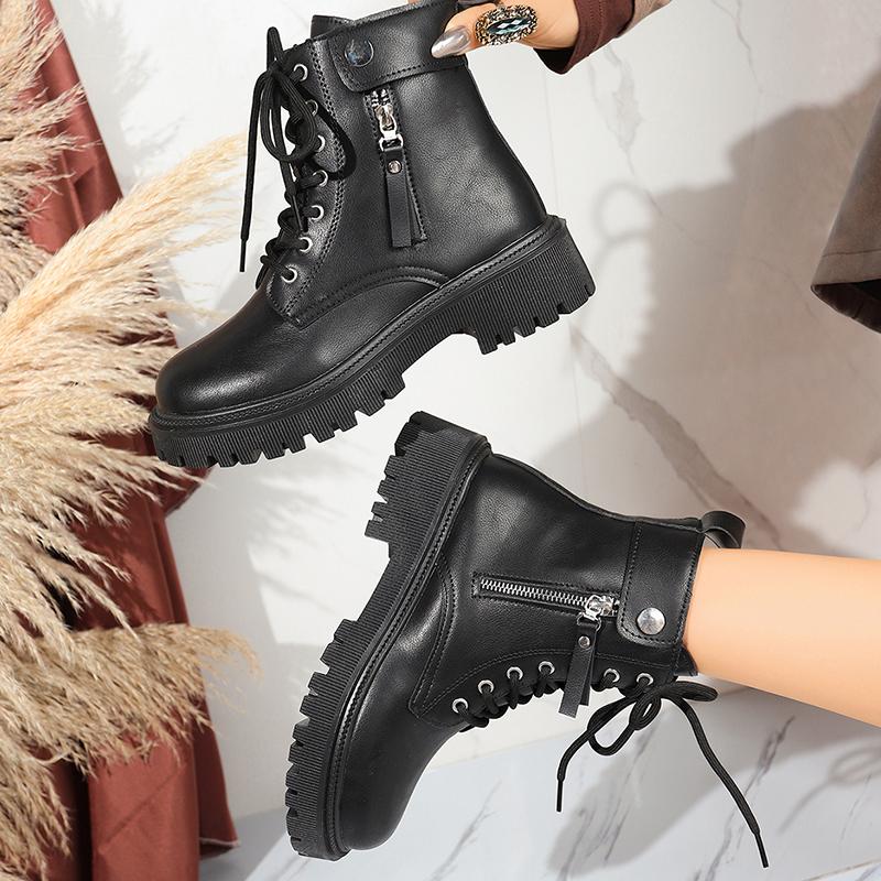 Fashion Punk Zipper Decor Platform Ankle Boots for Women Autumn Winter Black Thick Sole Short Booties Mujer Lace Up Pu Leather Boots