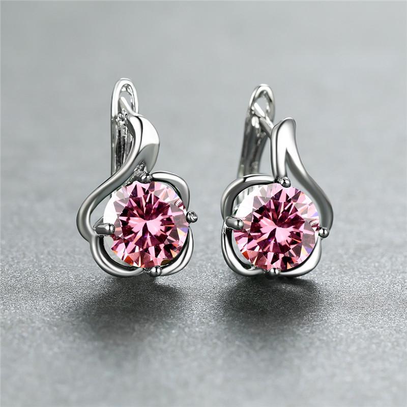 Red Green Zircon Round Stone Female Crystal Hoop Earrings Boho Silver Color Wedding Jewelry For Women