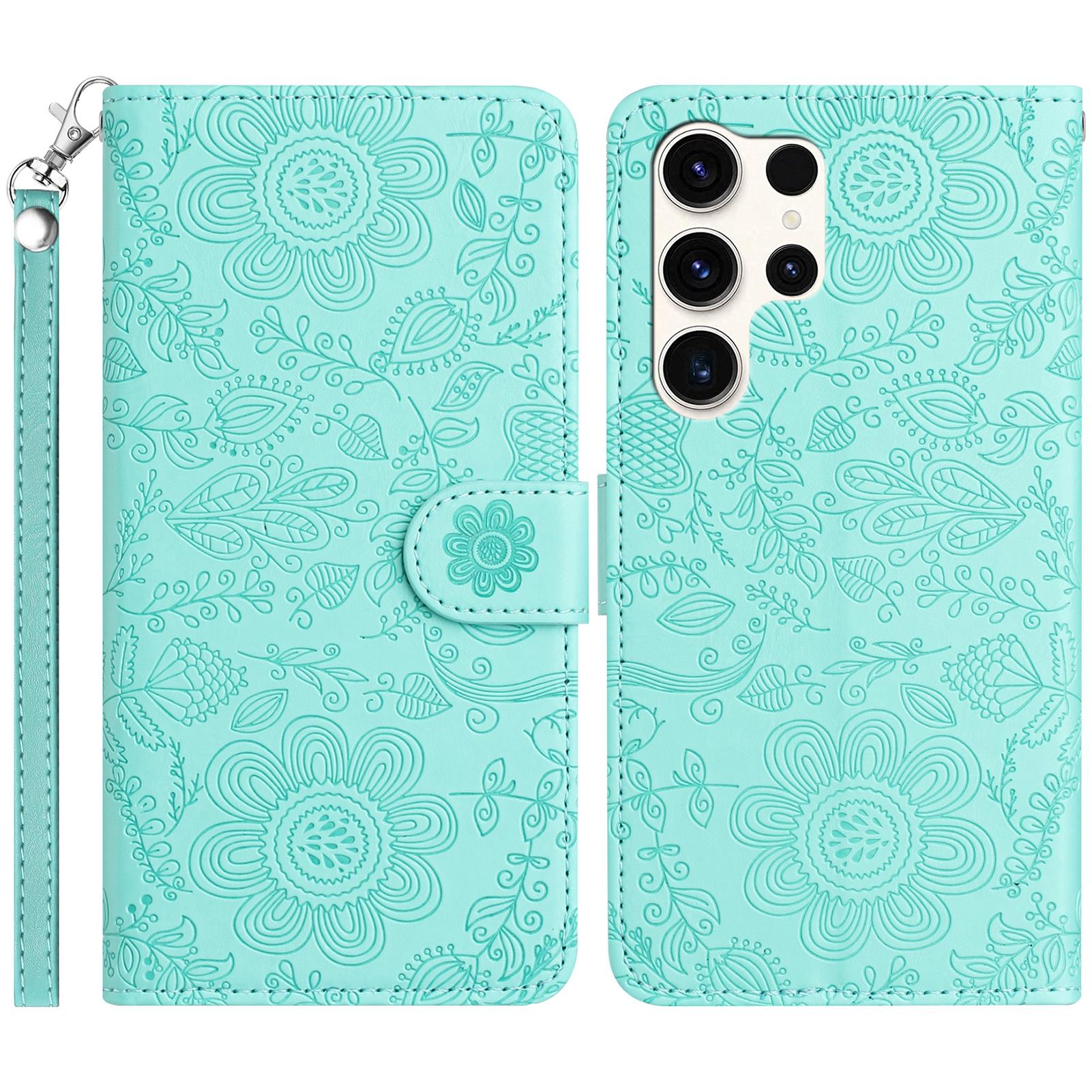 

For Samsung Galaxy S24 Ultra Case Flower Imprint Leather Flip Wallet Phone Cover with Wrist Strap Light Green