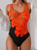 Summer Sexy Flower Pattern Printed One-piece Swimsuit Slim Fit and Slimming, Deep U-back Design, Beach Pool Vacation Eye-catching Fashion Swimsuit
