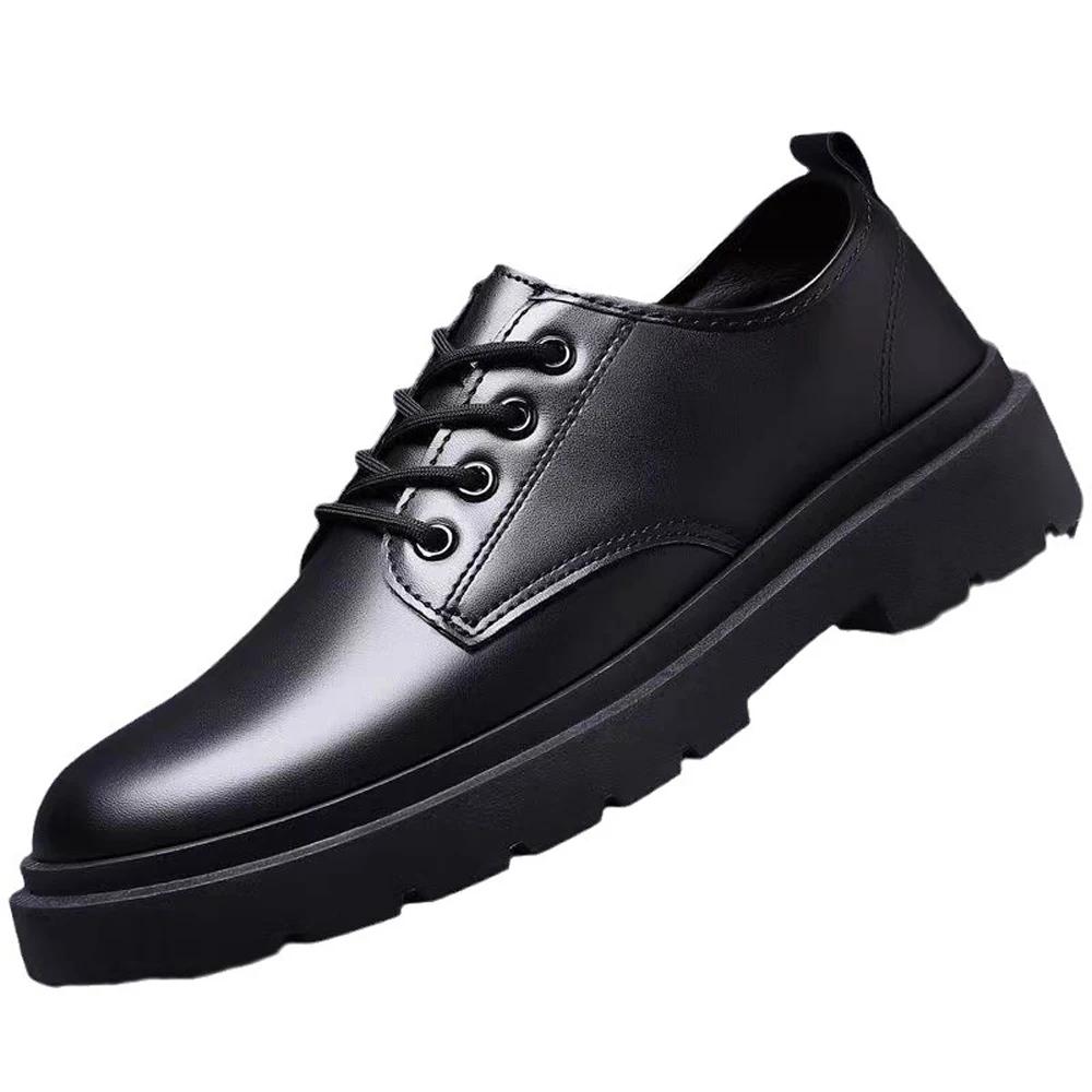 

Leather Shoes Men Business Formal Casual Shoes Students Thick Bottom Lace Up Round Head Non-slip Comfortable Outdoor Shoes 44 чёрный