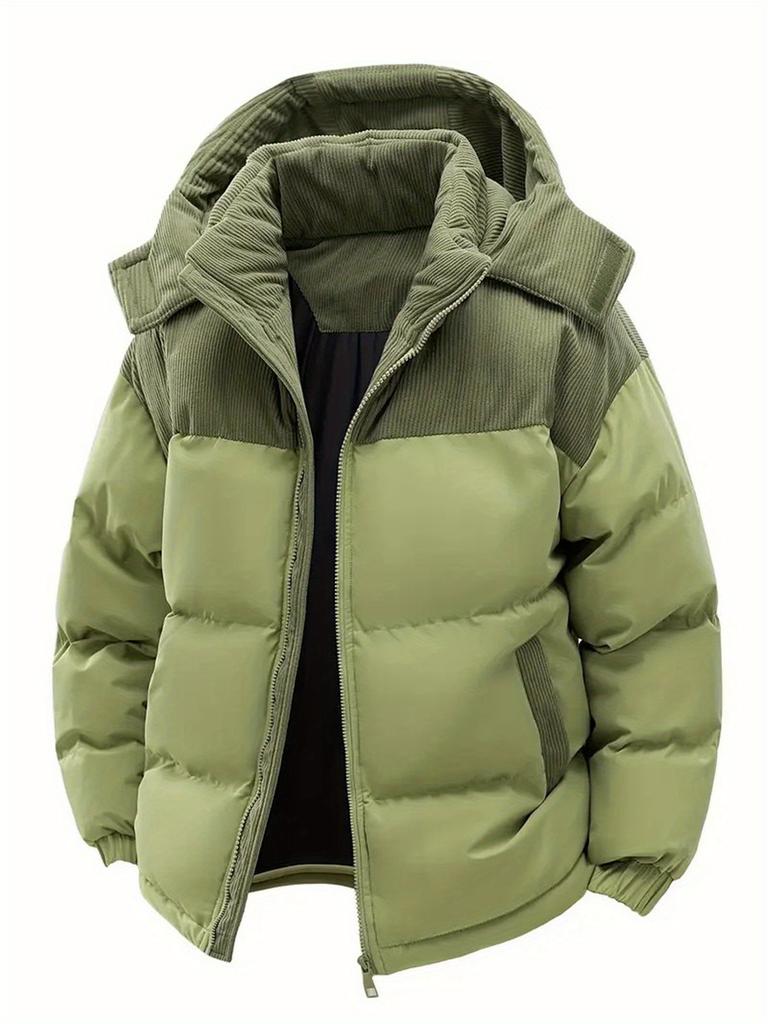 Men'S Winter Hooded Jacket - Detachable Hood, Color Block Design, Warm Fleece-Lined Coat  Casual Style for Cold Weather, Winter Jacket