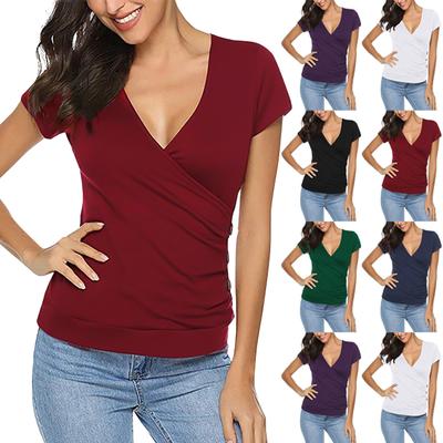 Kurzarm-T-Shirts für Damen, tiefer V-Ausschnitt, lockere, lässige T-Shirts für Frauen, einfarbiges, gerüschtes Oberteil an der Seite