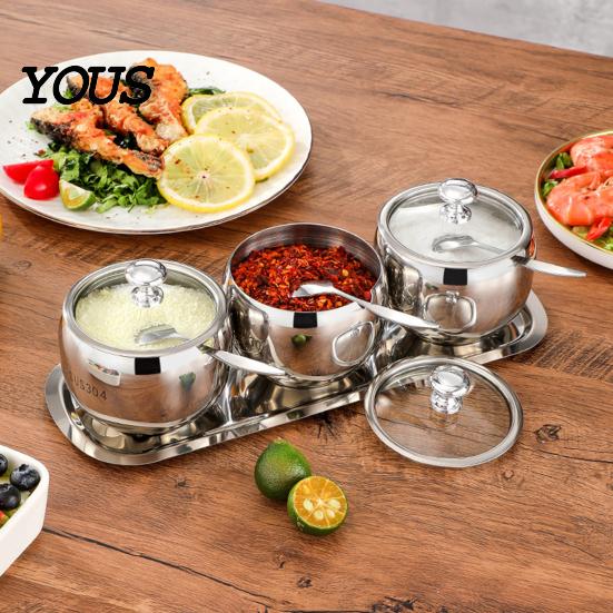 Countertop Spice Storage Jars 304 Stainless Steel Jar Set, Seasoning Container with Glass Lid Refillable Condiment & Spoon, Rustproof