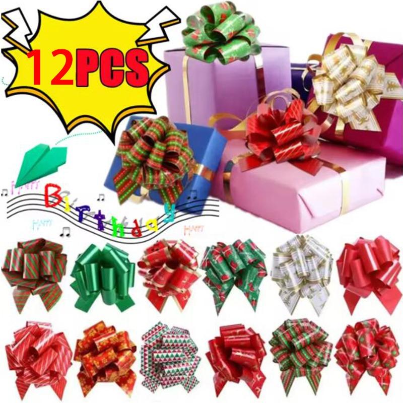 12/24Pcs Colored Striped /Printed Bow Pulled Flower Set For Christmas Decoration DIY Xmas Party Gifts Packing Decor Bow Ribbons