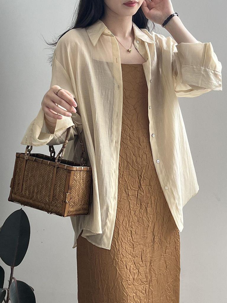 Women's Summer Loose Fit Tencel Shirt with Frog Buttons and Tie-Back, Turn-Down Collar, Sun Protection