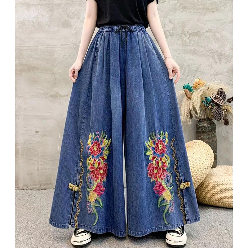 Vintage Style Embroidered Denim Pants Women Autumn Loose Plus Size High Waist Wide Leg Pants Streetwear Casual Jeans 2025