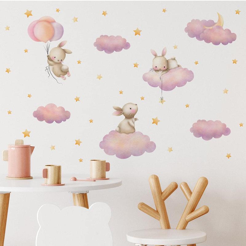 Kawaii Cartoon Pink Clouds Stars Watercolor Children Stickers Vinyl Nursery Wall Decals Kids Girls Baby Room Home Decor