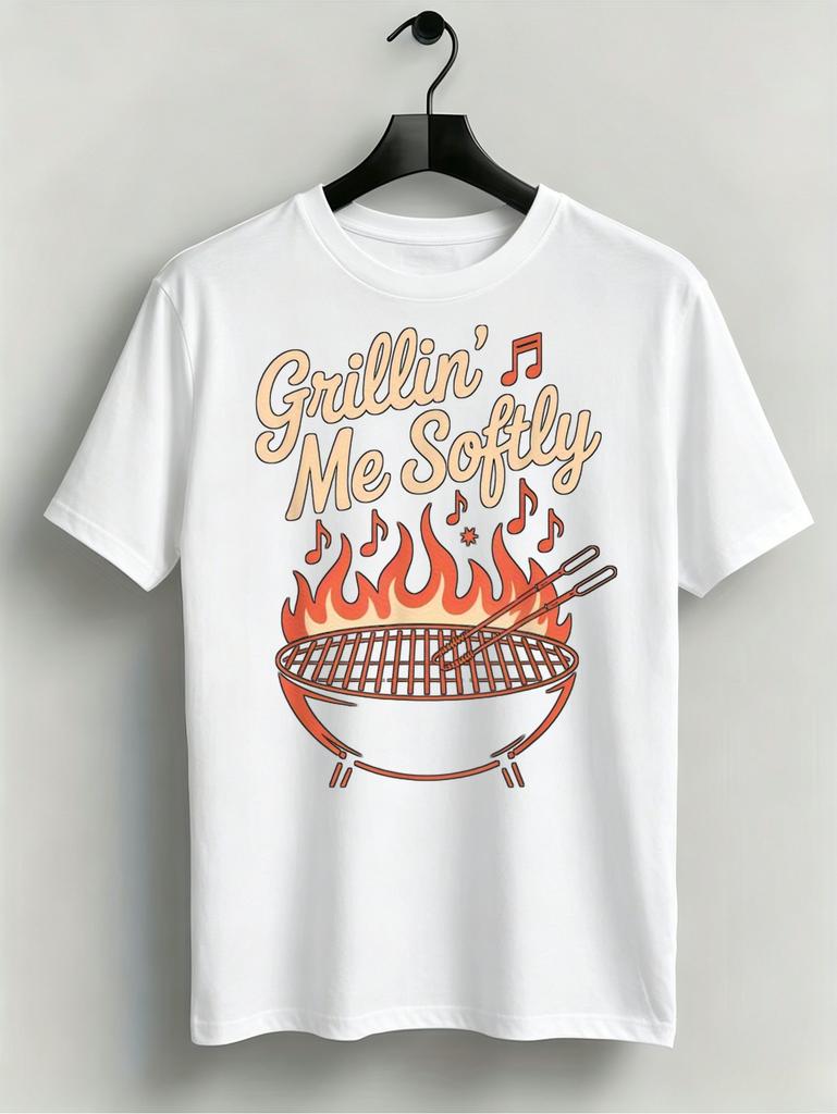 1pc Mens Graphic T Shirt Grillin Me Softly Grill Fire Music Notes Print Short Sleeve Crew Neck