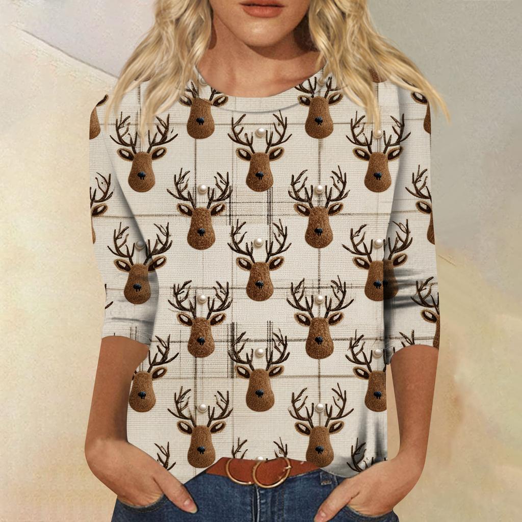 Damemote Uformell rundhals 3/4-ermet løs T-skjorte dametopp