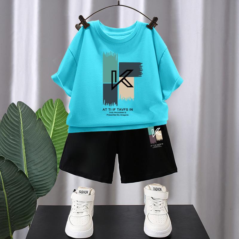 

Летний дышащий детский костюм из хлопка с короткими рукавами, свободная корейская футболка для мальчиков, универсальный костюм с короткими рукавами 140 голубой воды