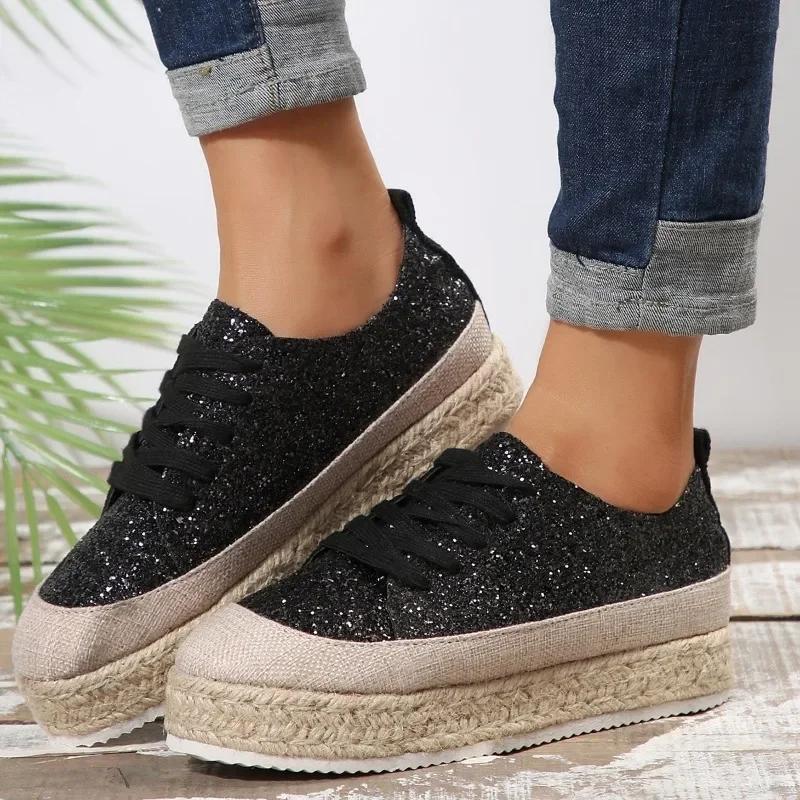 2024 Women's Shoes Lace Up Women's Vulcanize Shoes Platform Women Sneakers Bling Round Toe Flat Plus Size Ladies Casual Shoes