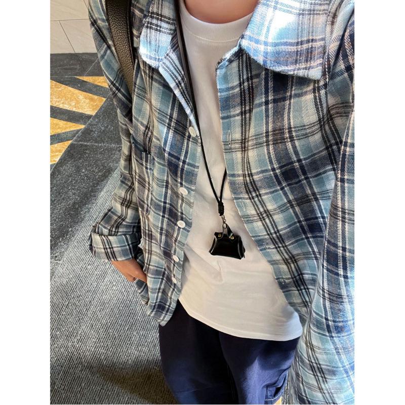 Man Jiang Yue Women's Retro Blue Plaid Shirt - Early Spring Chic Design, Casual Brushed Cardigan Jacket