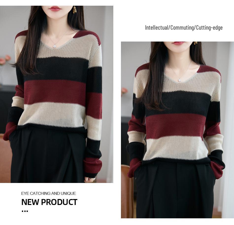 Women's V-Neck Striped Knit Sweater - Long Sleeve, Slimming, Loose Fit for Autumn