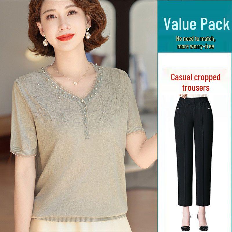 Mom's Summer Ice Silk V-Neck Short-Sleeve T-Shirt for Middle-Aged & Elderly Women - Loose Plus Size Top Set