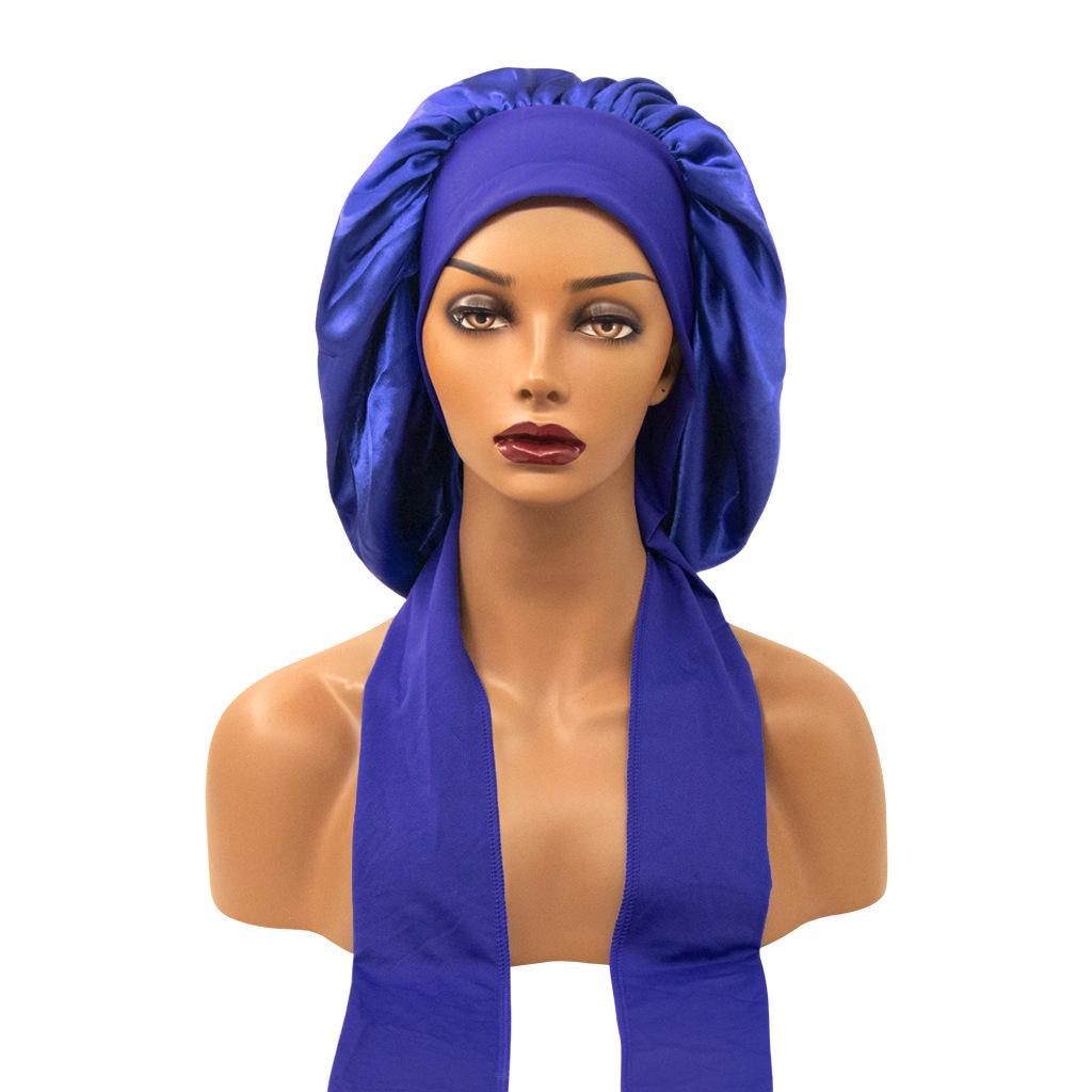 Satin Nightcap with Wide Elastic and Long Tail - Extra Large Women's Ribbon Shower Hat