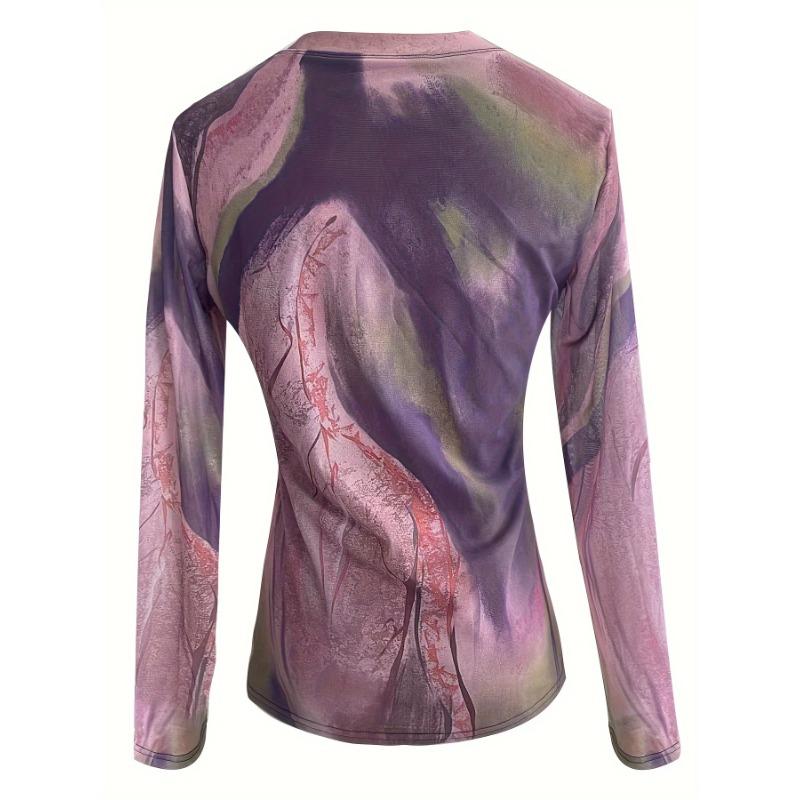 Abstract Print Crew Neck T-Shirt, Vintage Long Sleeve T-Shirt For Spring & Fall, Women's Clothing