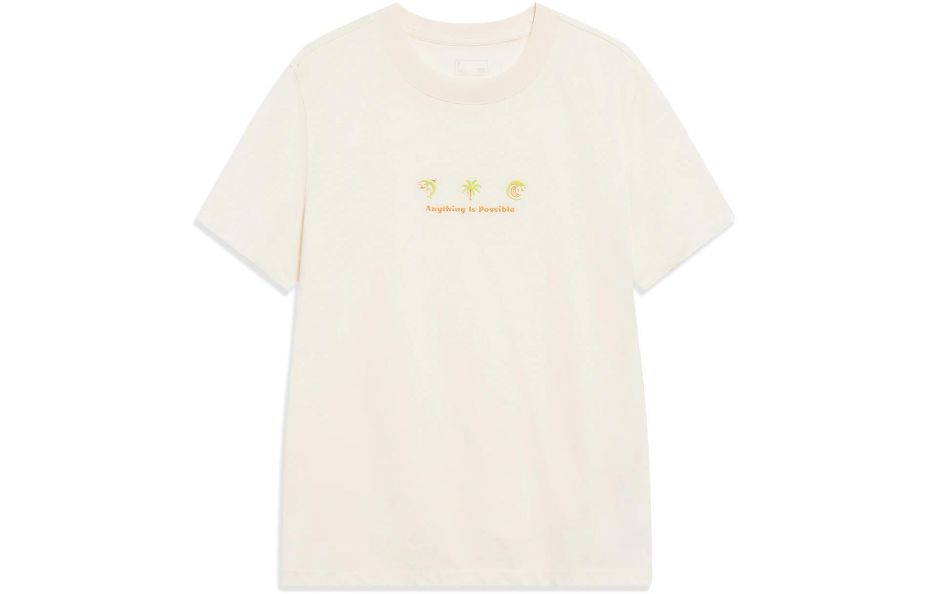 Li Ning Sports Life Collection T Shirts Women s Ecru Crew Neck Moderate Straight Fit AHST236-2 S