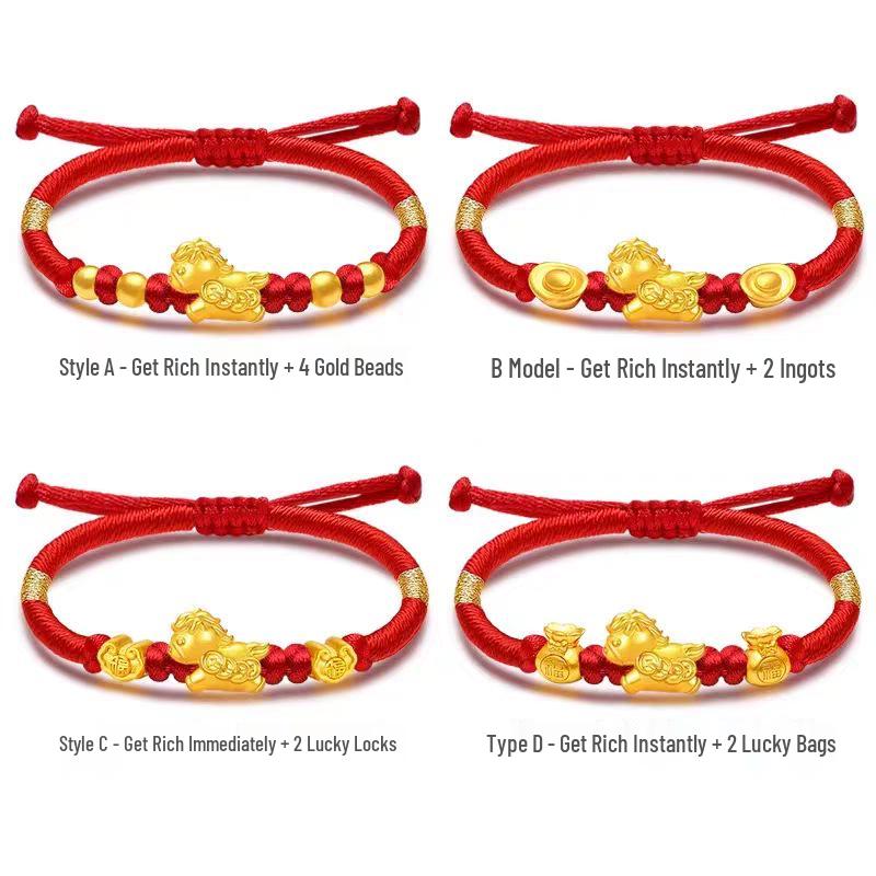 Handmade Red String Bracelet with Gold Ingot and Beads for Zodiac Year of the Horse - Immediate Wealth Lucky Charm