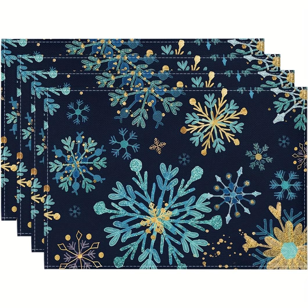 

4pcs Blue Snowflake Placemats – Navy Background with Gold & Teal Flakes, 12x18in, Winter & Christmas Table Decor 30x45cm-4PC