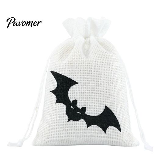 Small Fabric Storage Pouches Halloween Burlap Treat Bags, Pumpkin Ghost Bat Spider Witch Print Drawstring Rustic Bags Favors Candy for Cookies Snacks