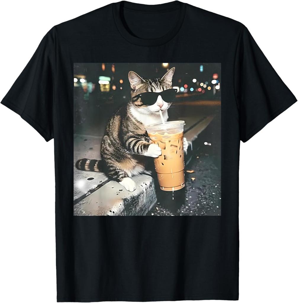 Cat Drinking Iced Coffee Funny Animal Emoticon Tshirt