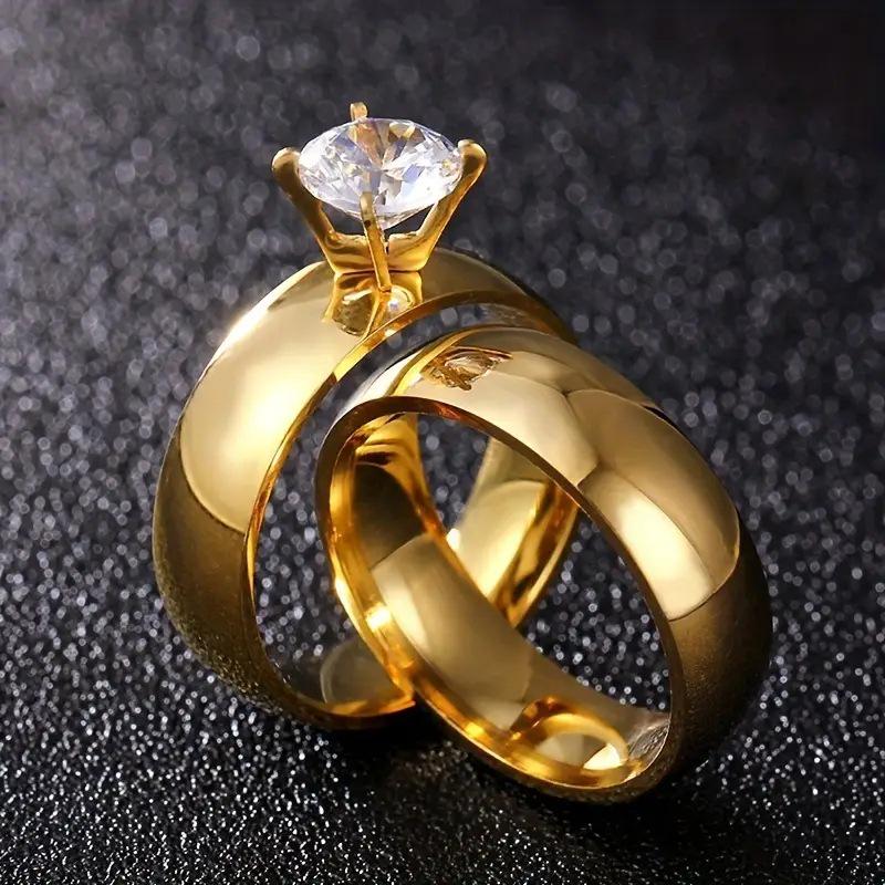European American Zirconia Couple Rings: 18K Gold Women's Ring & Titanium Steel Men's Ring - Korean Fashion Jewelry