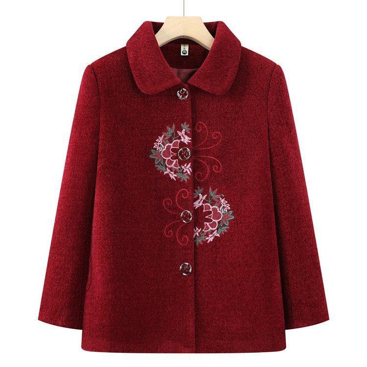 Embroidered Lapel Woolen Coat for Elderly Women - Autumn/Winter, Thickened with Velvet