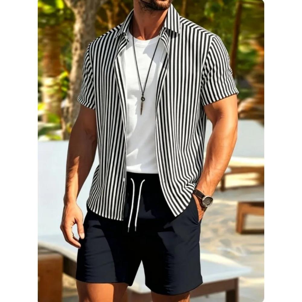 Simple Men Shirt Sets Vintage Stripe Lapel Short Sleeve Casual Shirt Beach Shorts Summer Streetwear Hawaiian Fashion Loose Suits
