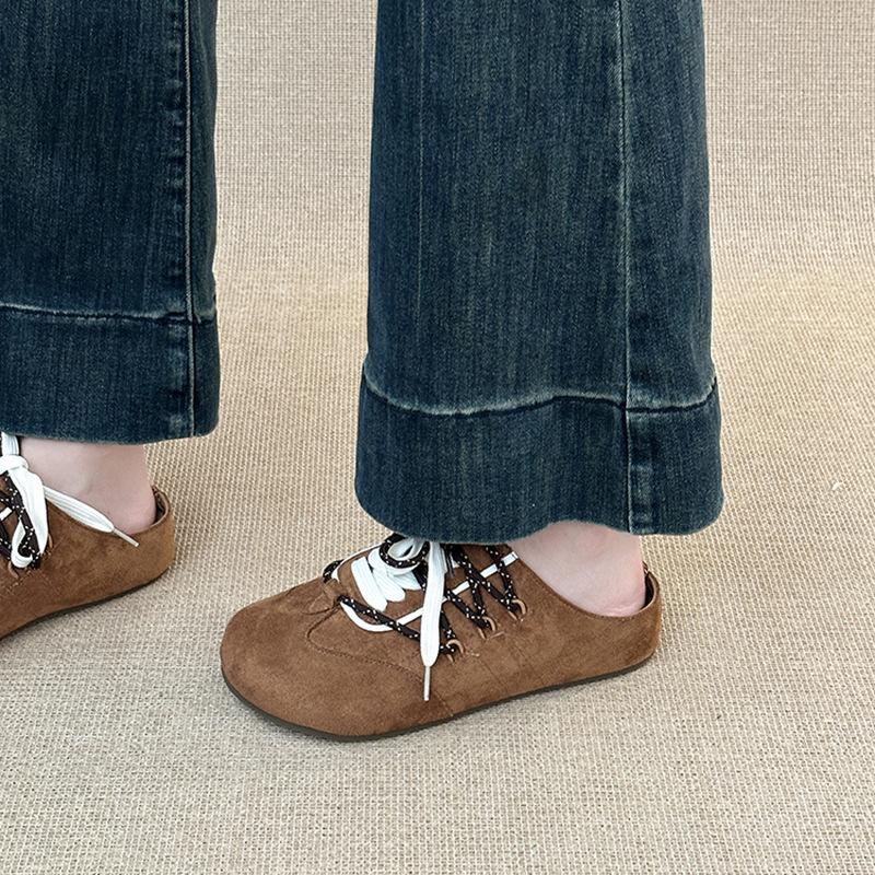 Retro Versatile Fashion Design Sense Niche Baotou Half Slippers Women's Autumn and Winter Lace-up Outer Wear Casual Thick-soled Slippers