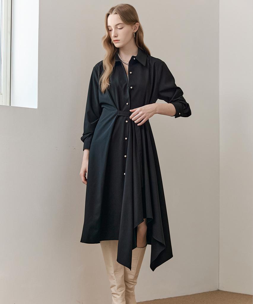MAXZA Asymmetrical Drape Belted Shirt Dress