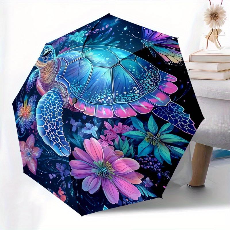 Sea Turtle, Floral Fantasy Automatic Folding Umbrella  8 Ribs, Durable Iron Frame, Bright Color Pattern Compact Travel Umbrella, Suitable Fo