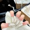 L02 Milky White French Rhinestone Butterfly Long Press-on Nails
