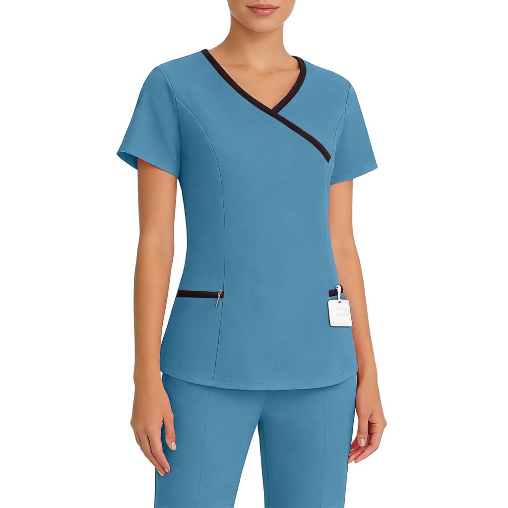 Women’s Stretch V Neck Short Sleeve Scrub Top with Pockets Quick Dry Fabric for Healthcare Nursing Work Uniform