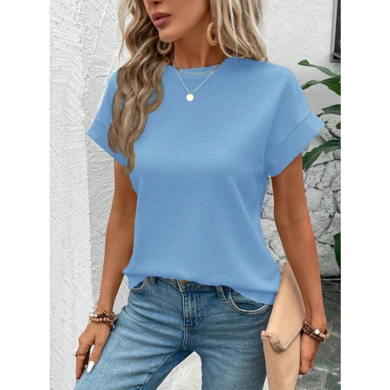 Damenmode Lässig Sommer Frühling Einfarbige Druck Kurzarm Rundhals Blusen Hemden