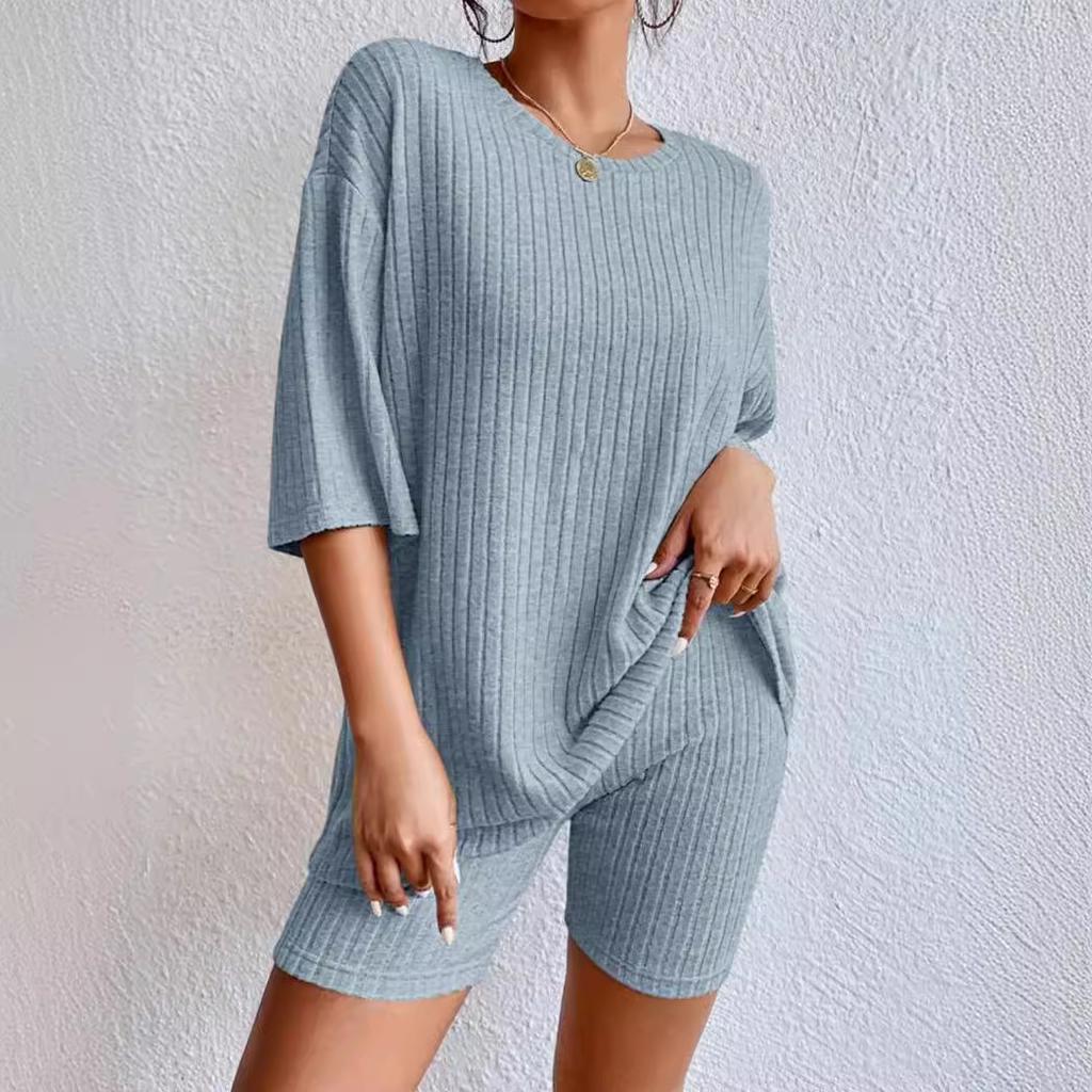 Fashionable Knitted Loose Casual Round Neck Summer Short Pants Top Set Women's Clothing Comfortable Breathable Solid Color
