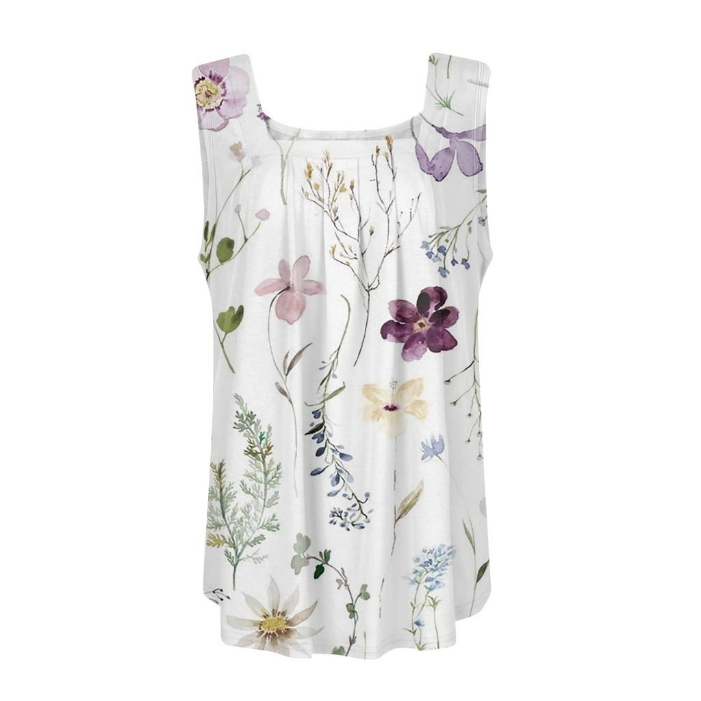 Women's Pleated Square Collar Sleeveless Vest Print T-shirt